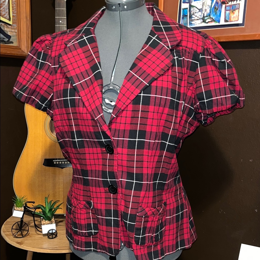 Xhilaration Red and Black Plaid Short Sleeve Blazer